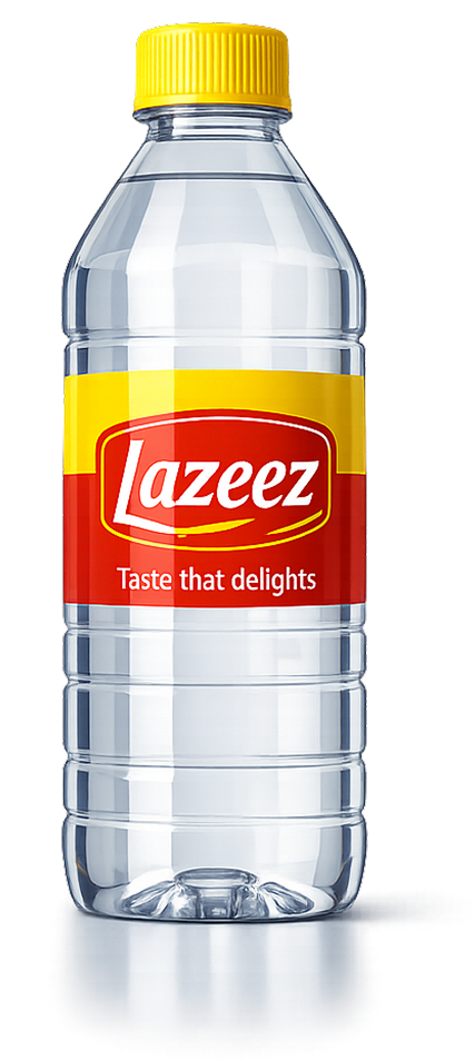Label design example on a water bottle with a yellow cap