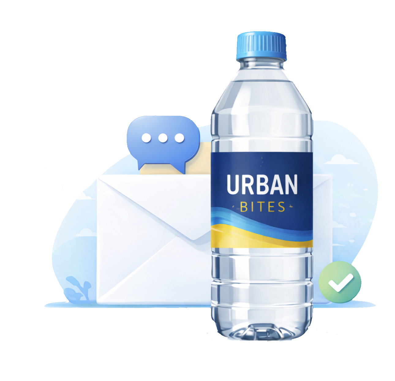 Illustration of a labelled water bottle beside an envelope